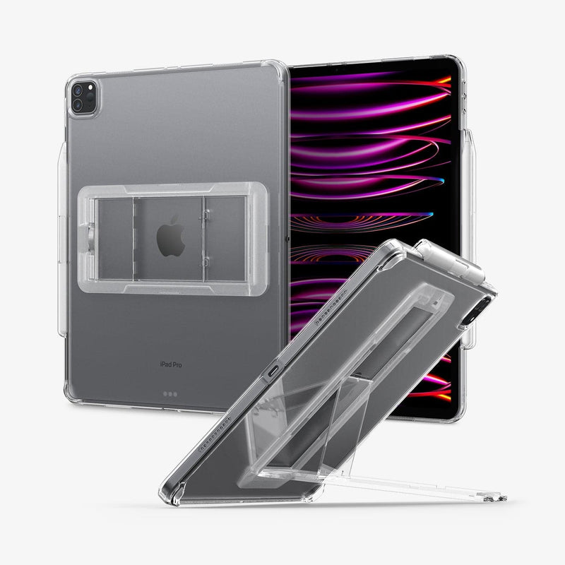 ACS05449 - iPad Pro 12.9" Case Air Skin Hybrid S in crystal clear showing the back, front and device propped up by built in kickstand