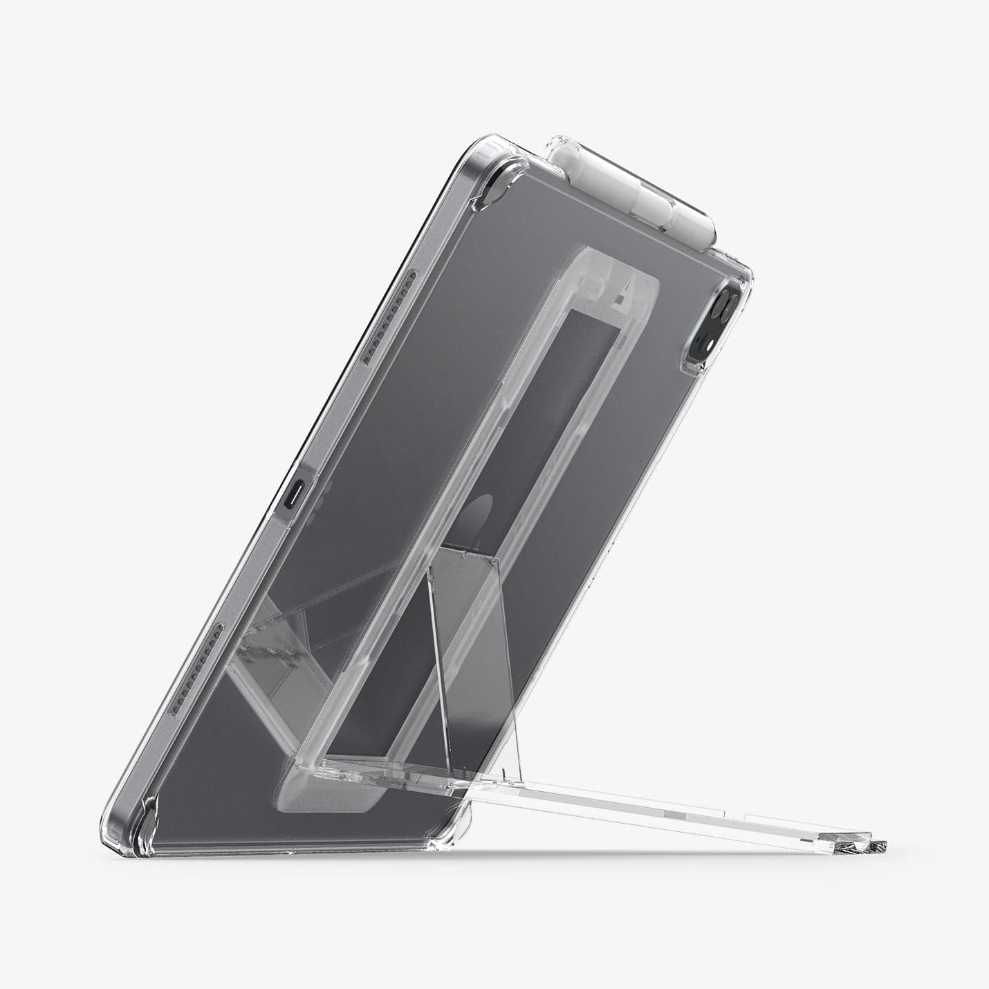 ACS05449 - iPad Pro 12.9" Case Air Skin Hybrid S in crystal clear showing the back and bottom with device propped up by built in kickstand