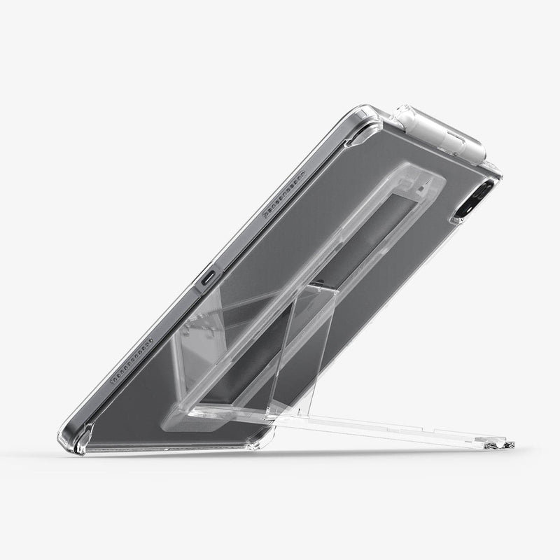 ACS05449 - iPad Pro 12.9" Case Air Skin Hybrid S in crystal clear showing the back and bottom with device propped up slightly by built in kickstand