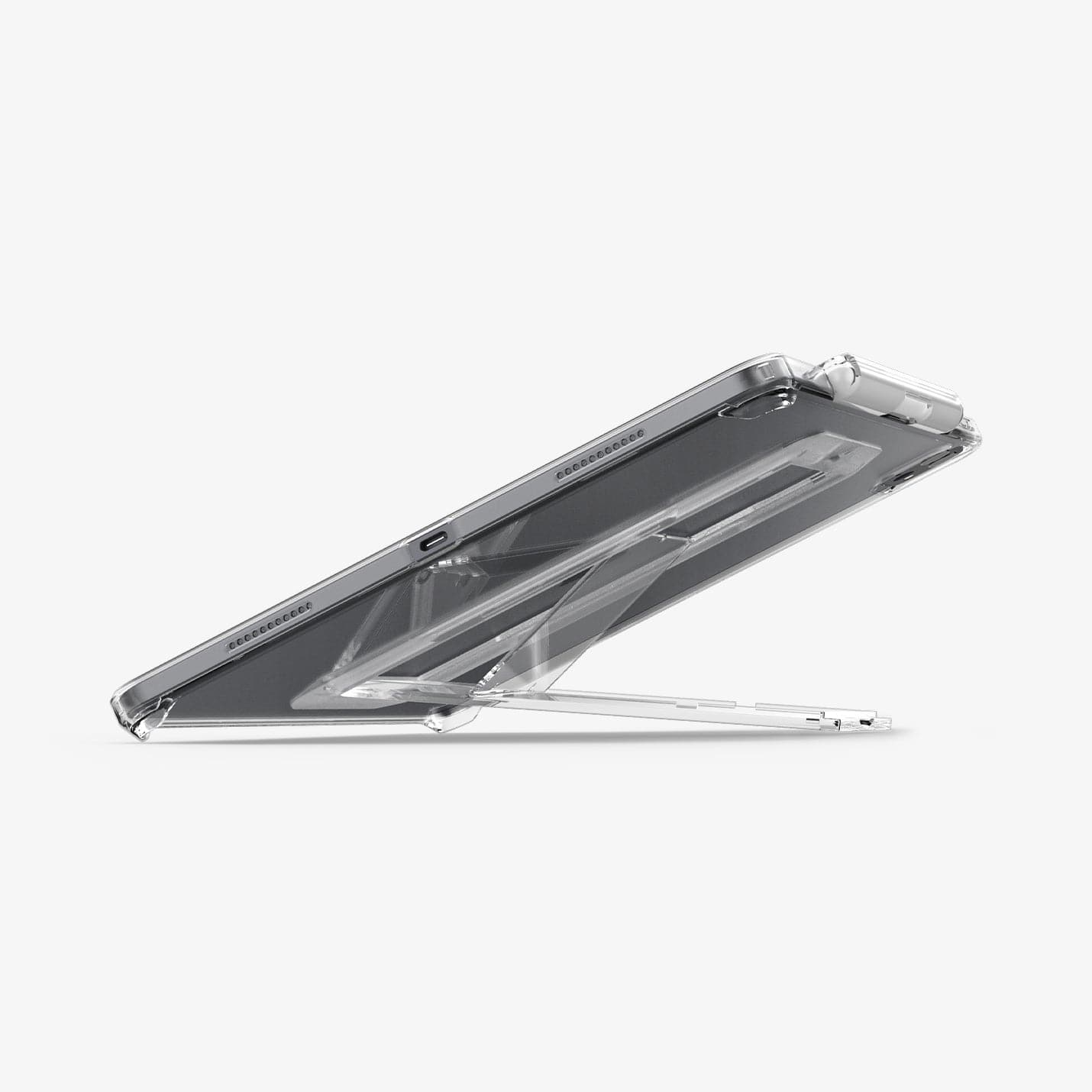 ACS05449 - iPad Pro 12.9" Case Air Skin Hybrid S in crystal clear showing the bottom with device propped up by built in kickstand