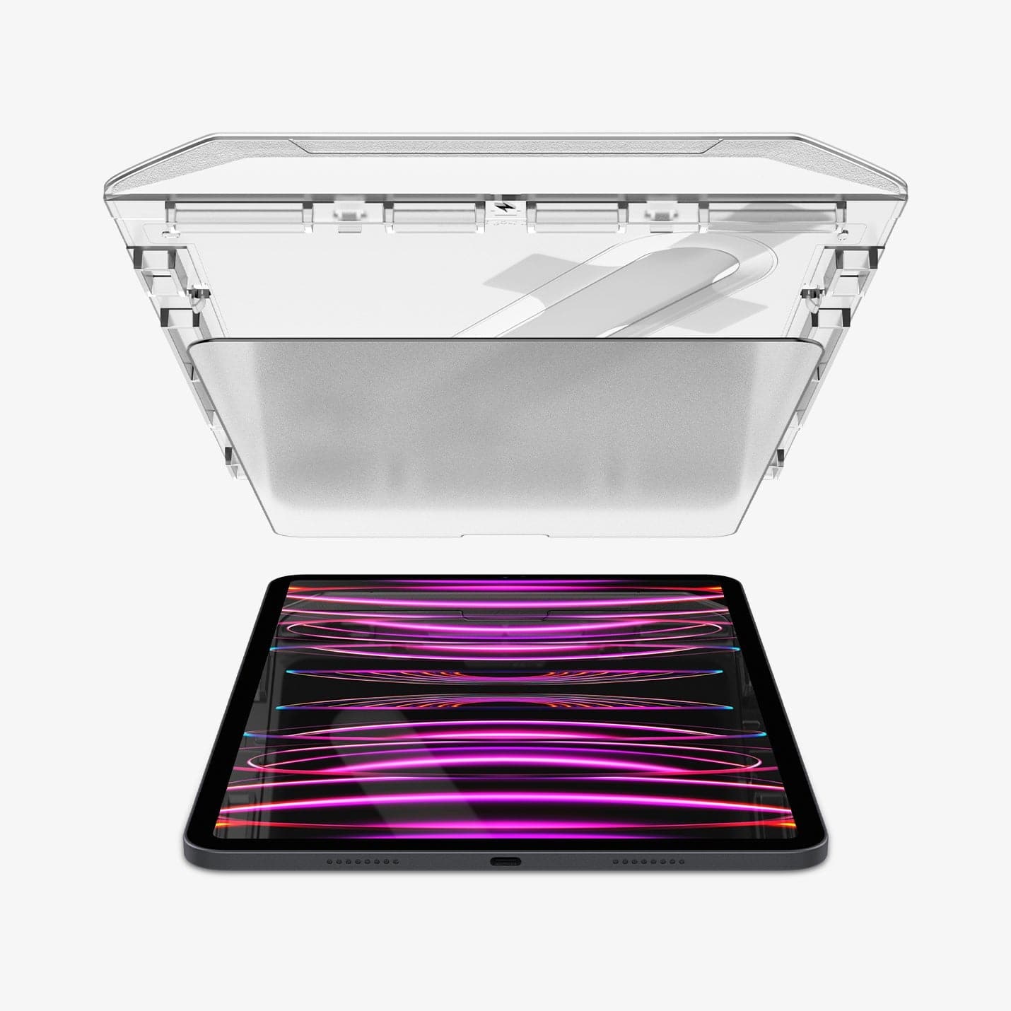 AGL06349 - iPad Pro 12.9" (2022/2021) Screen Protector Paper Touch EZ Fit showing the ez fit tray and screen protector hovering above the device