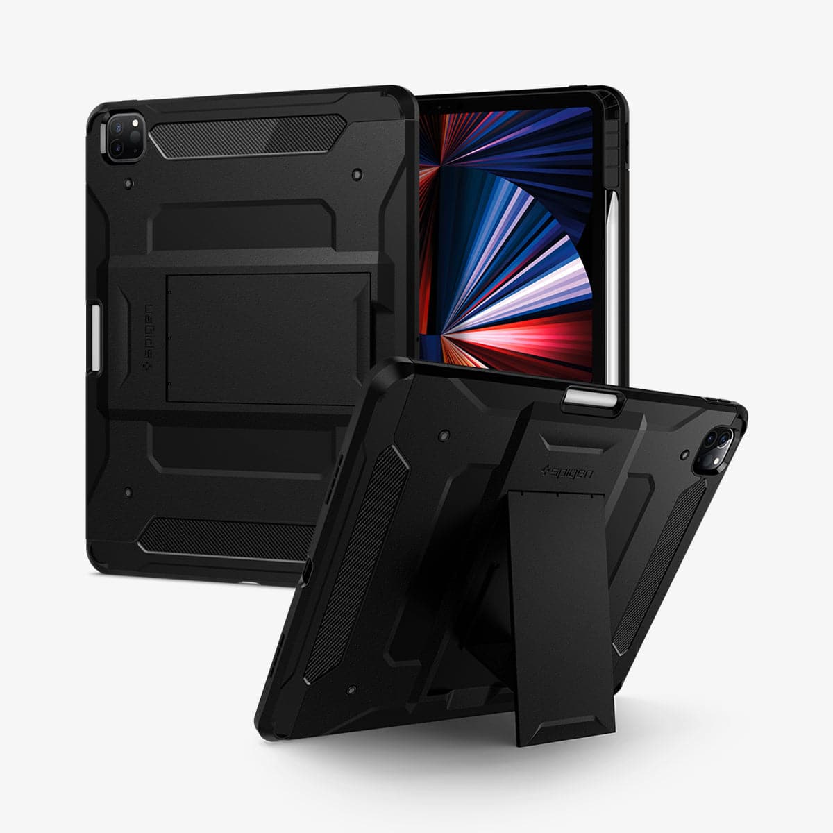 ACS02881 - iPad Pro 12.9" Case Tough Armor Pro in black showing the back, front and device propped up by built in kickstand