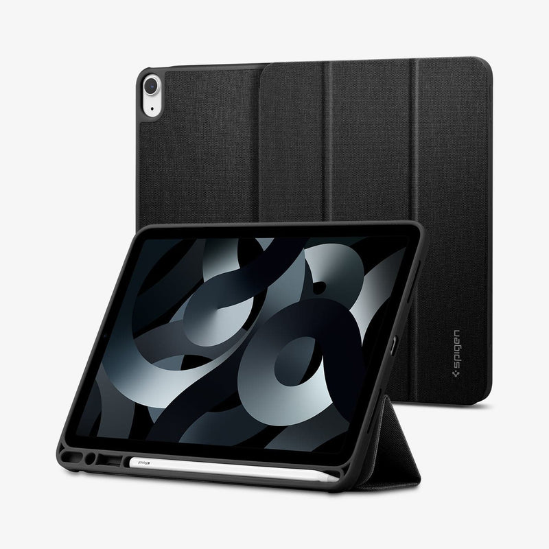 ACS01943 - iPad Air 10.9" Case Urban Fit in black showing the back, front and device propped up by built in kickstand