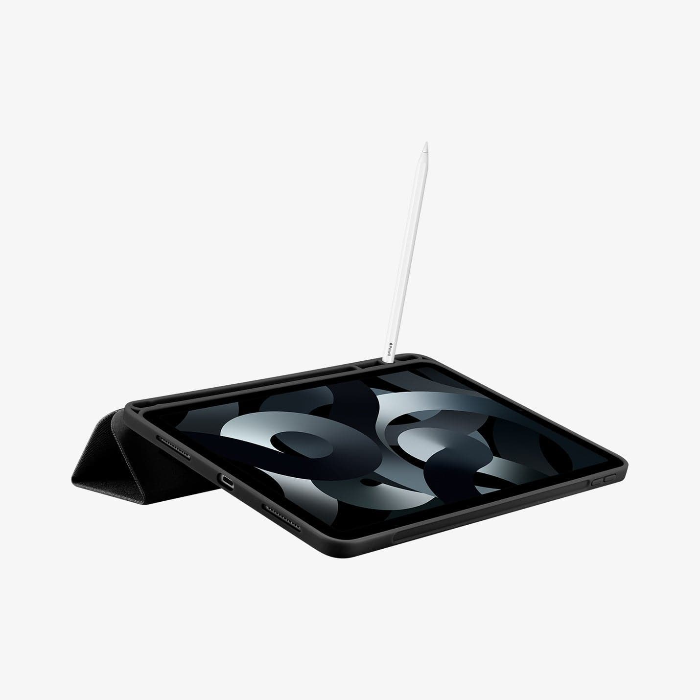 ACS01943 - iPad Air 10.9" Case Urban Fit in black showing the front and partial bottom with device propped up by built in kickstand