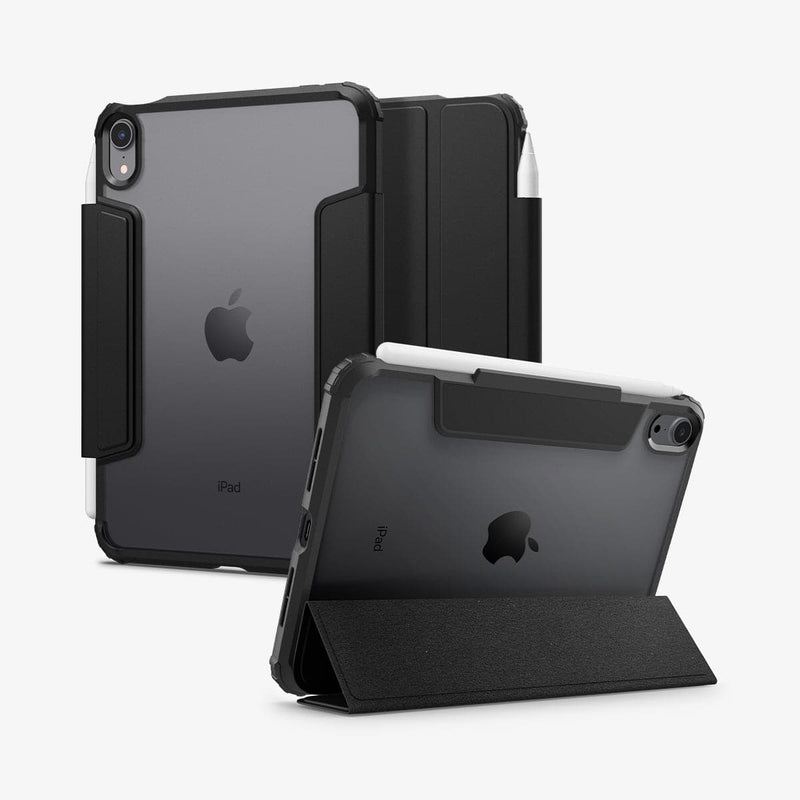 ACS03765 - iPad Mini 6 Case Ultra Hybrid Pro in black showing the back, front and device propped up by built in kickstand
