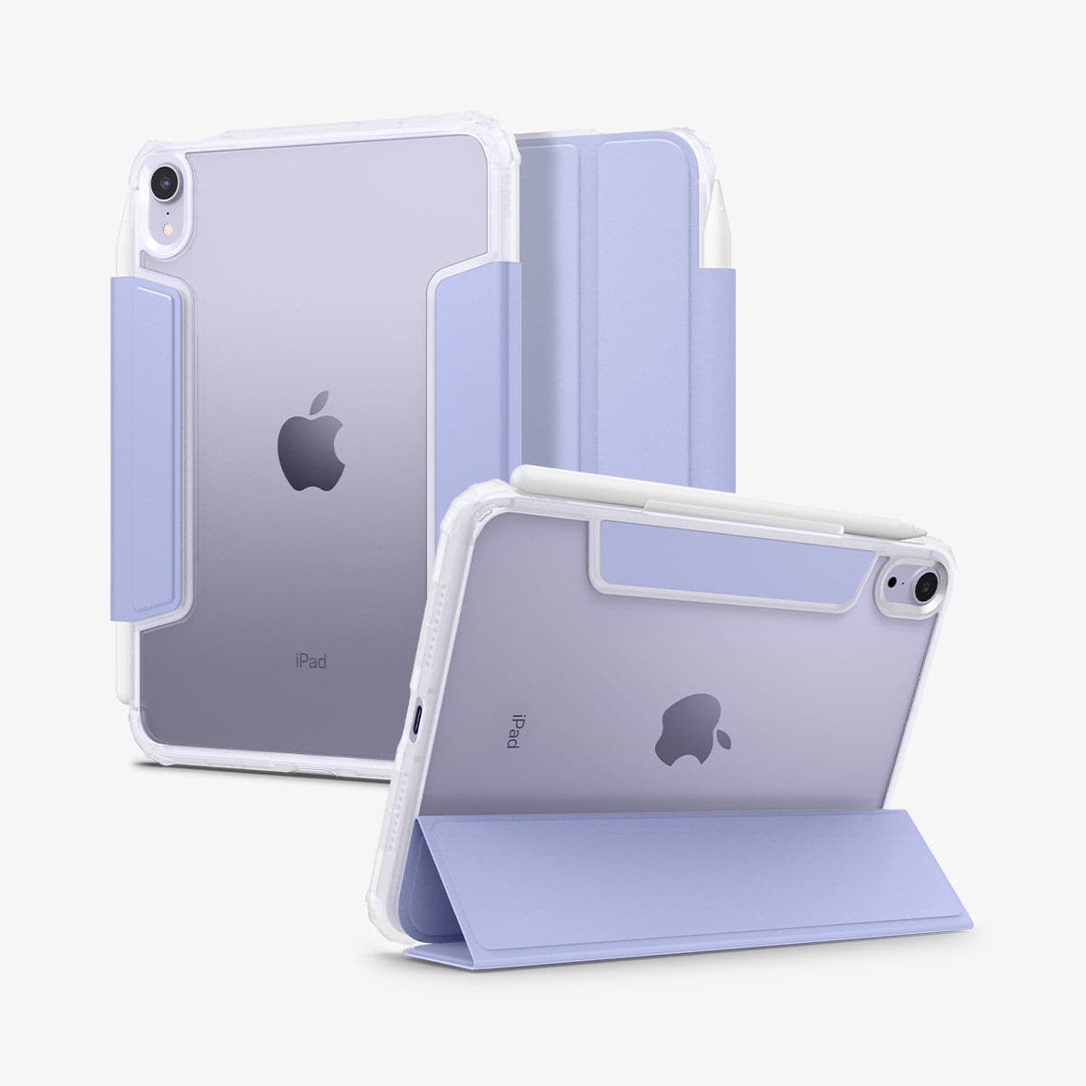 ACS03897 - iPad Mini 6 Case Ultra Hybrid Pro in lavender showing the back, front and device propped up by built in kickstand