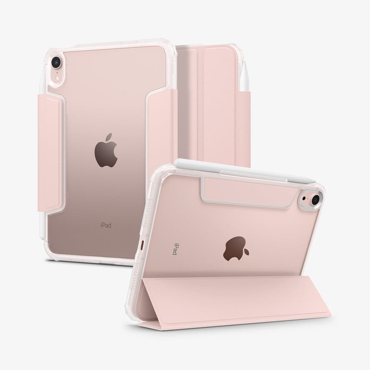 ACS03896 - iPad Mini 6 Case Ultra Hybrid Pro in rose gold showing the back, front and device propped up by built in kickstand