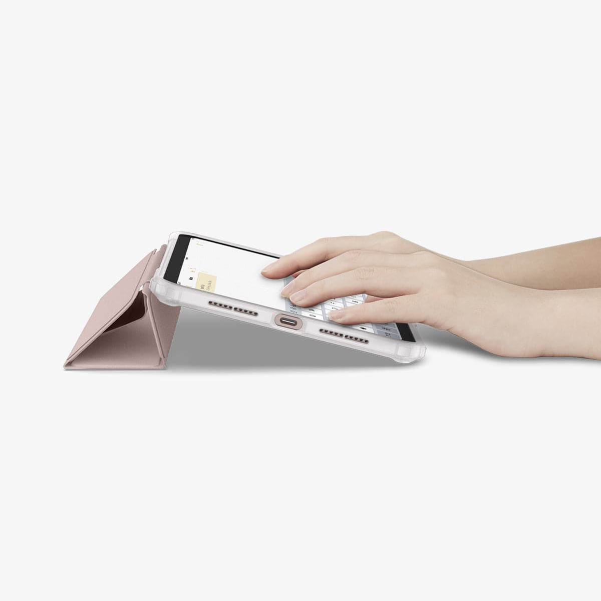 ACS03896 - iPad Mini 6 Case Ultra Hybrid Pro in rose gold showing hands typing on screen with device propped up by built in kickstand