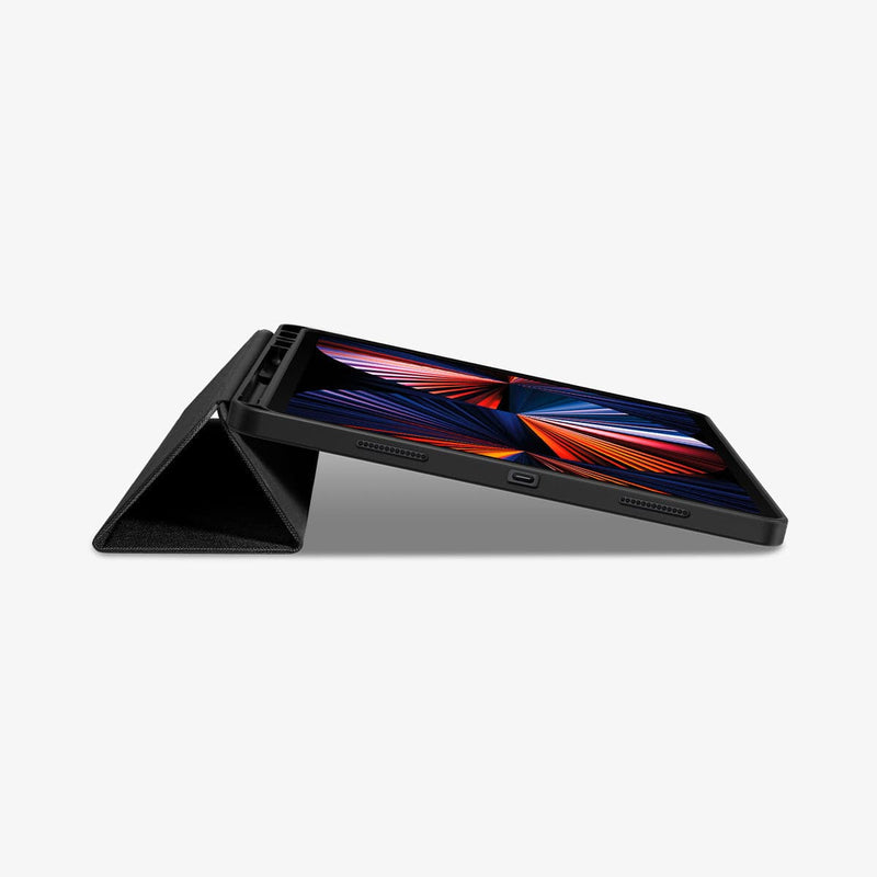ACS03434 - iPad Pro 12.9" (2022/2021) Case Urban Fit in black showing the bottom and partial front with device propped up by built in kickstand