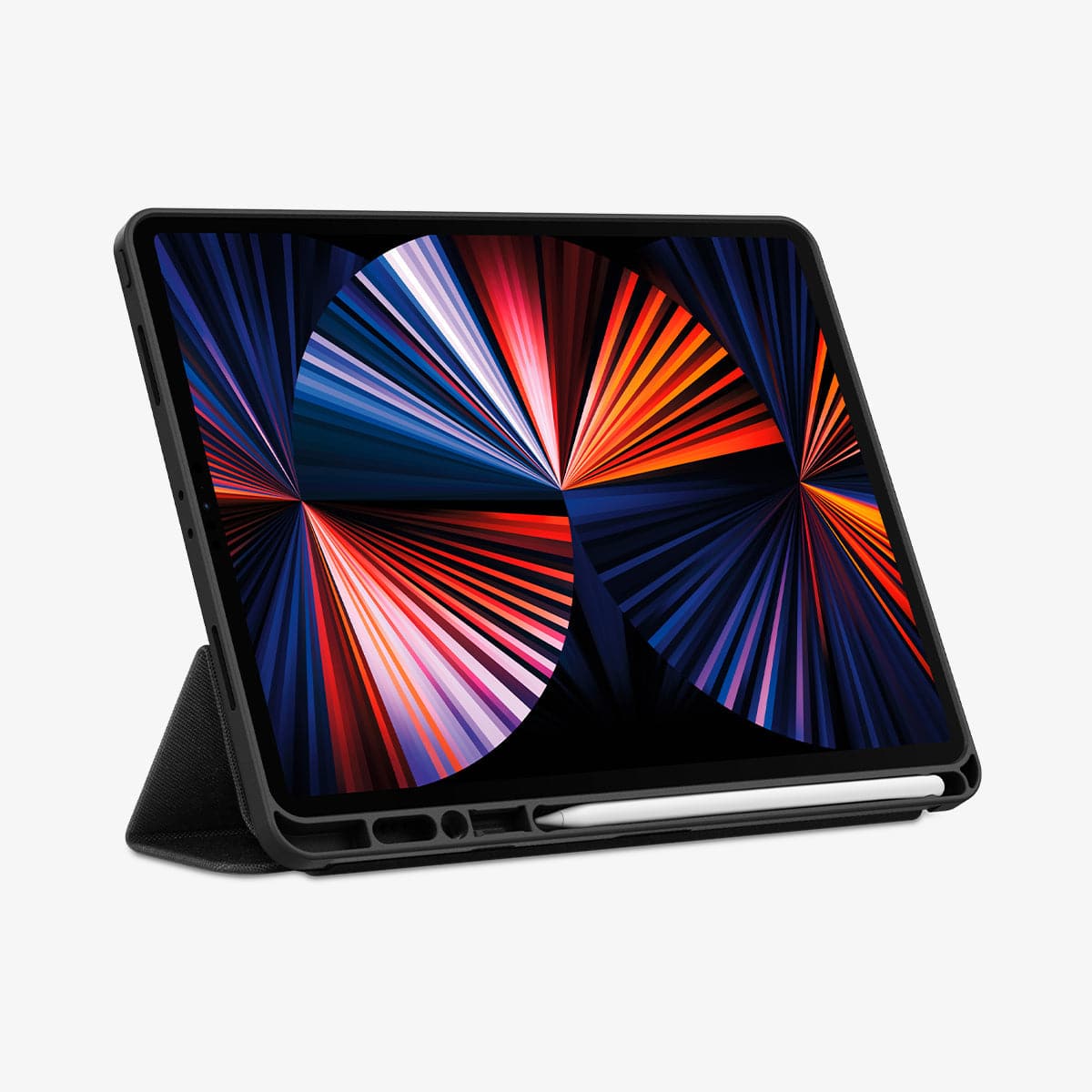 ACS03434 - iPad Pro 12.9" (2022/2021) Case Urban Fit in black showing the front with device propped up by built in kickstand with pencil in slot