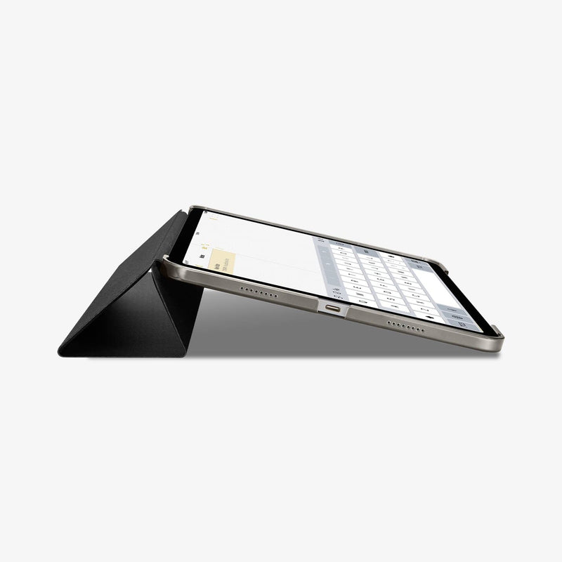 ACS02884 - iPad Pro 12.9" (2022/2021) Case Liquid Air Folio in black showing the front and bottom with device propped up by built in kickstand