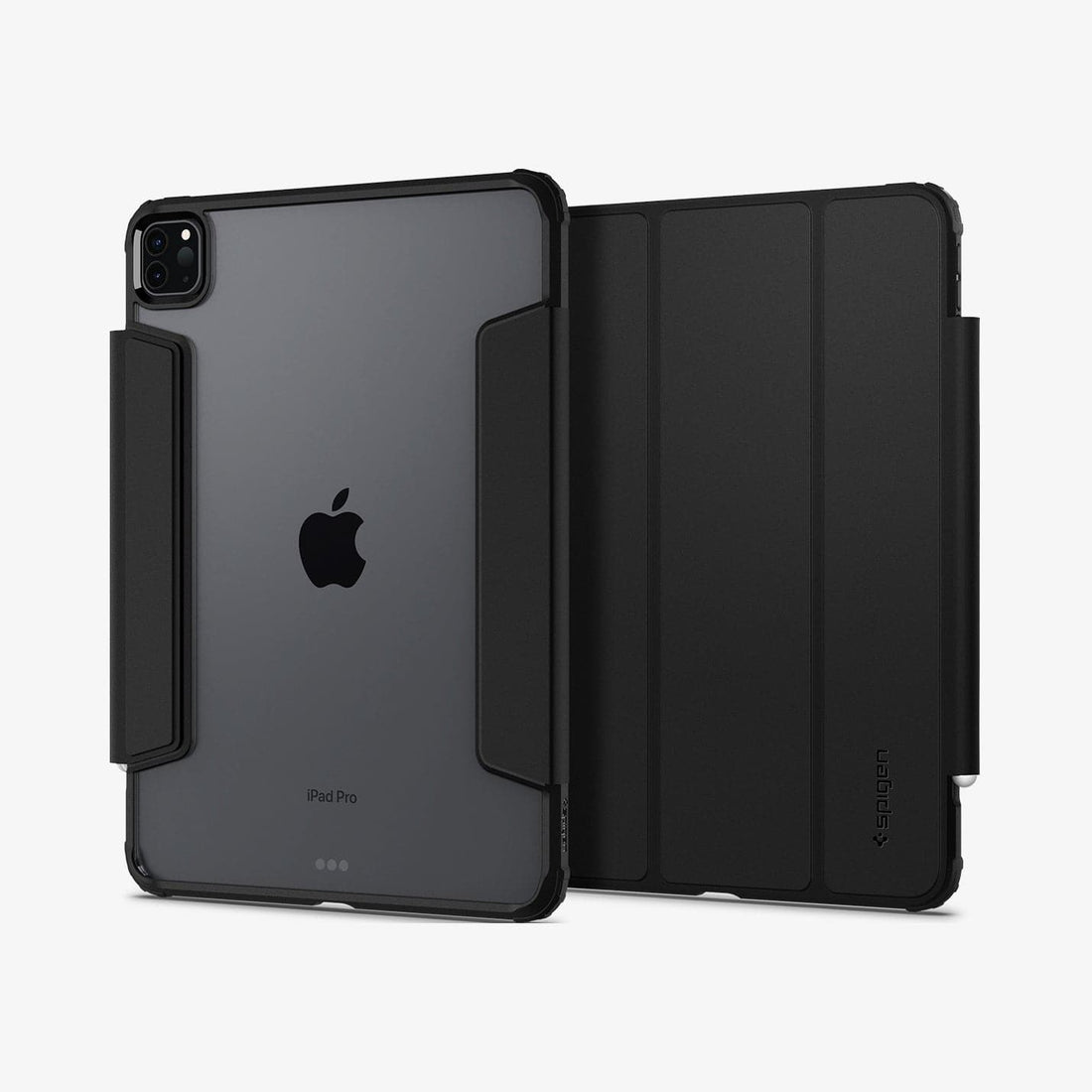 ACS07006 - iPad Pro 12.9-inch Case Ultra Hybrid Pro in Black showing the back with a folded front cover propped up as a stand, behind it, a device showing back and partial front