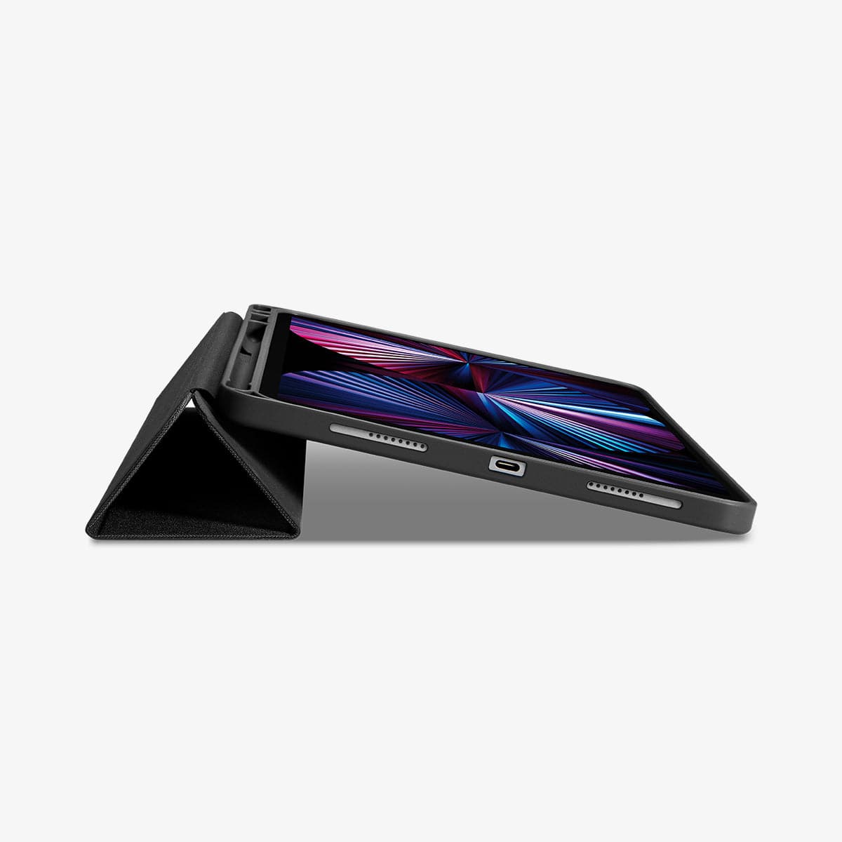 ACS01054 - iPad Pro 11" Case Urban Fit in black showing the bottom and partial front with device propped up by built in kickstand