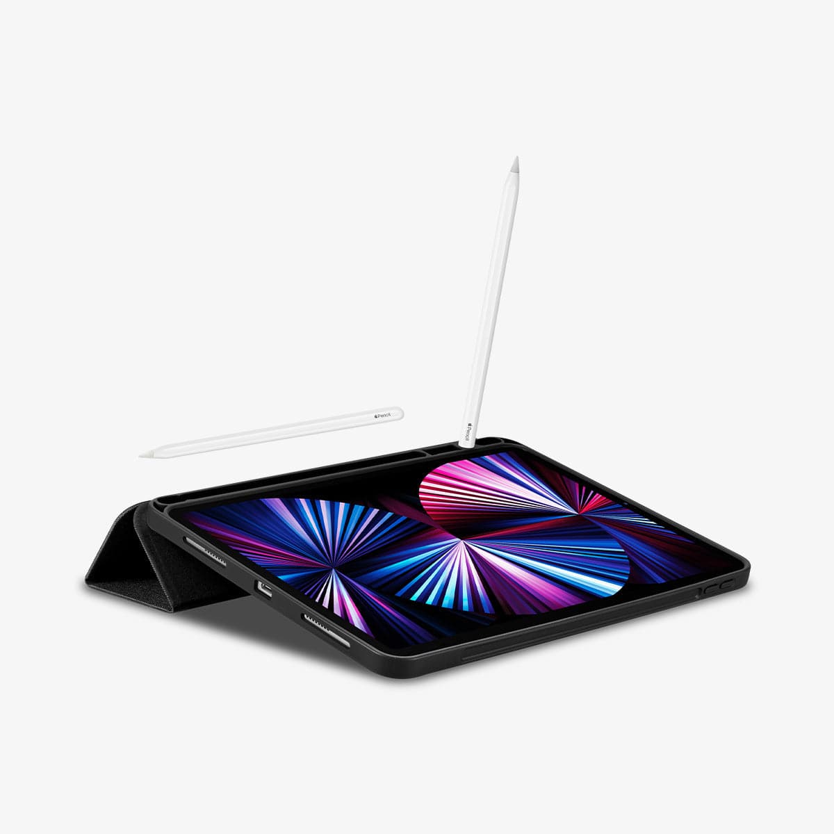 ACS01054 - iPad Pro 11" Case Urban Fit in black showing the front and bottom with device propped up by built in kickstand and pencil in slot