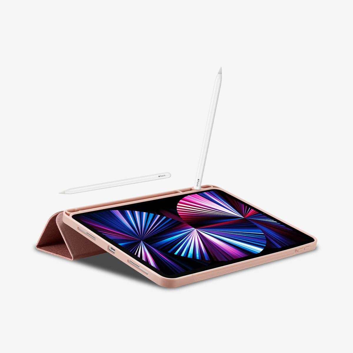 ACS01055 - iPad Pro 11" Case Urban Fit in rose gold showing the front and bottom with device propped up by built in kickstand and pencil in slot