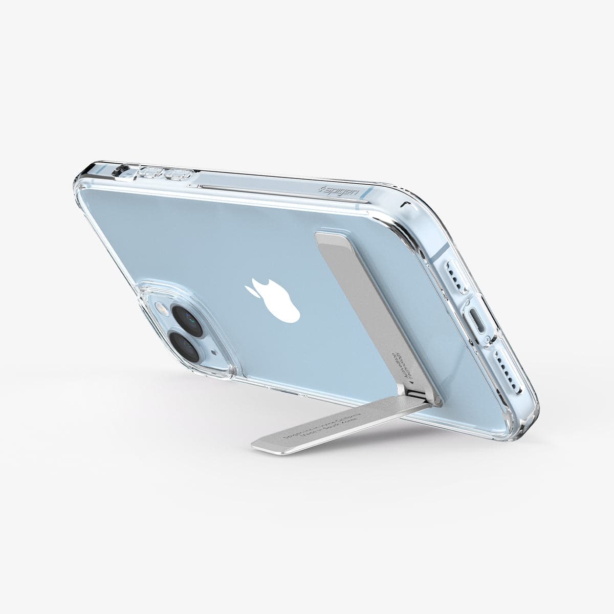 ACS04905 - iPhone 14 Plus Case Ultra Hybrid S in crystal clear showing the back with device propped up horizontally by built in kickstand