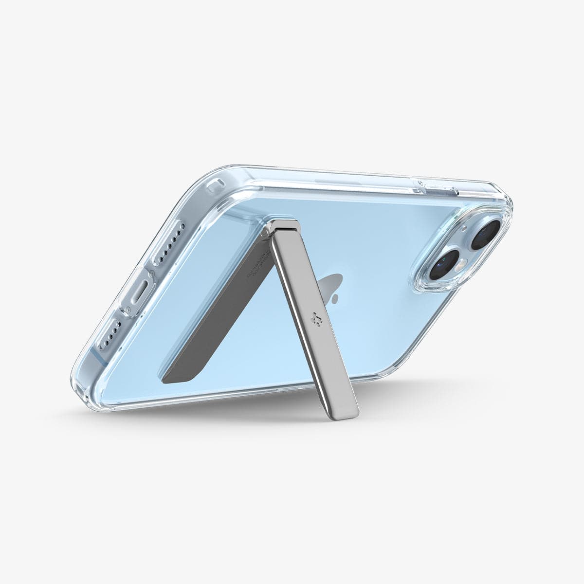 ACS04905 - iPhone 14 Plus Case Ultra Hybrid S in crystal clear showing the back with device propped up horizontally by built in kickstand