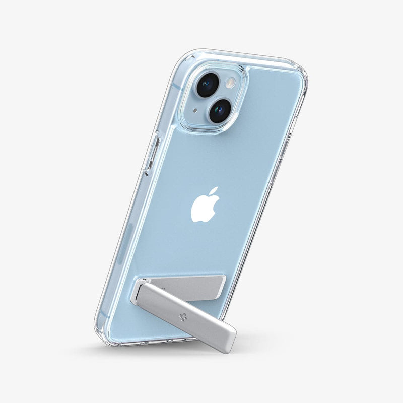 ACS04905 - iPhone 14 Plus Case Ultra Hybrid S in crystal clear showing the back with device propped up vertically by built in kickstand
