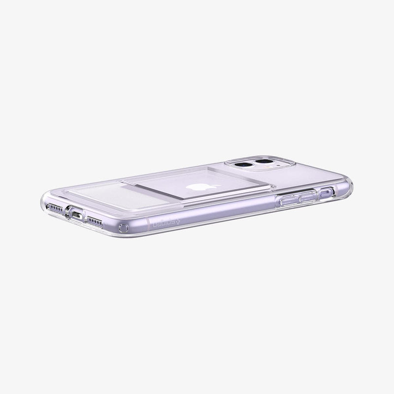 ACS02936 - iPhone 11 Case Crystal Slot in crystal clear showing the back, side and bottom with device laying flat