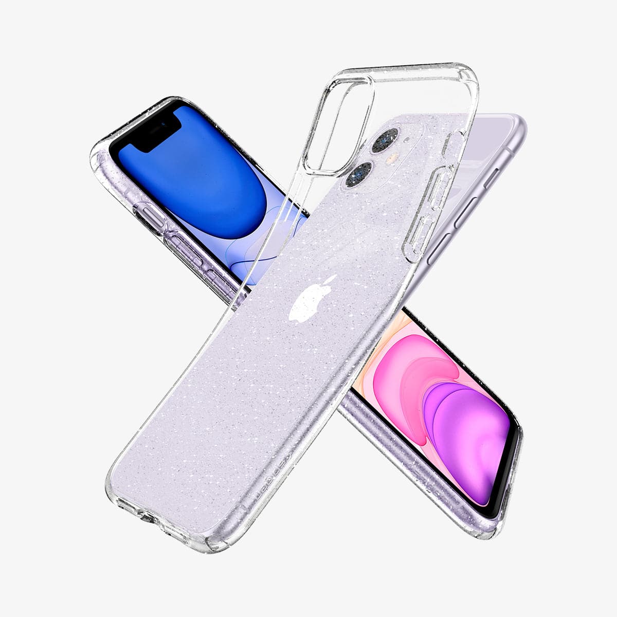 076CS27181 - iPhone 11 Case Liquid Crystal Glitter in crystal quartz showing the front, side and back with case bending away from device