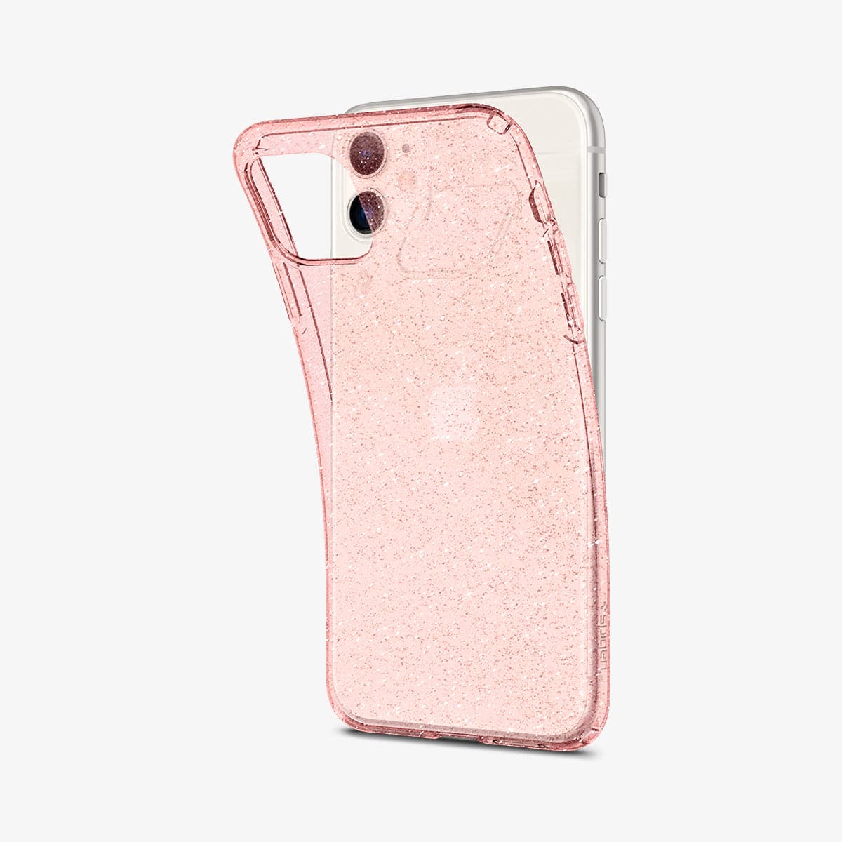 076CS27182 - iPhone 11 Case Liquid Crystal Glitter in rose quartz showing the back with case bending away from device