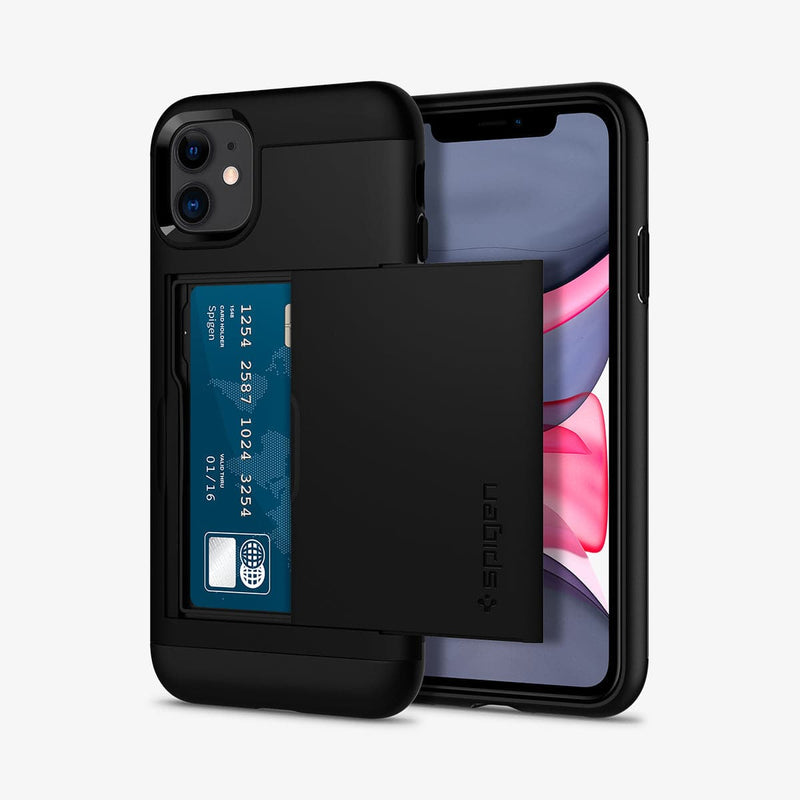 076CS27435 - iPhone 11 Case Slim Armor CS in black showing the back and front with card in slot