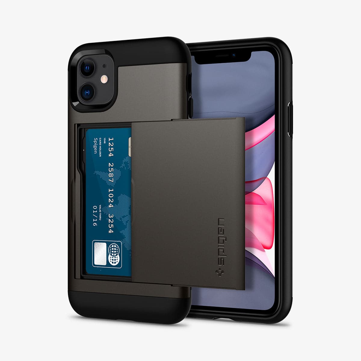076CS27436 - iPhone 11 Case Slim Armor CS in gunmetal showing the back and front with card in slot