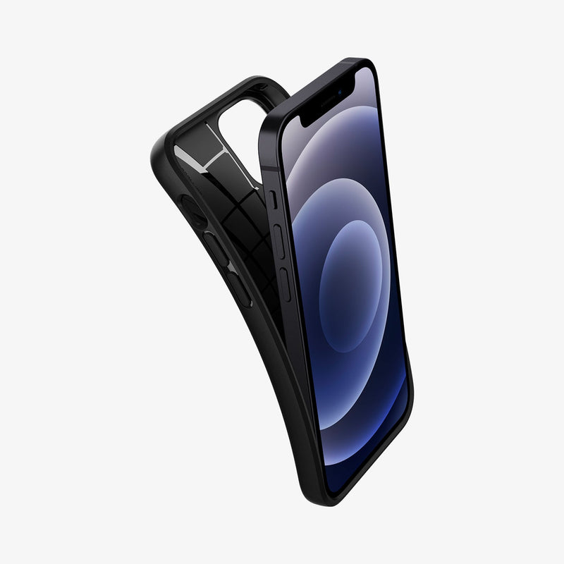 ACS01537 - iPhone 12 Mini Case Core Armor in matte black showing the case bending away from device to show the flexibility
