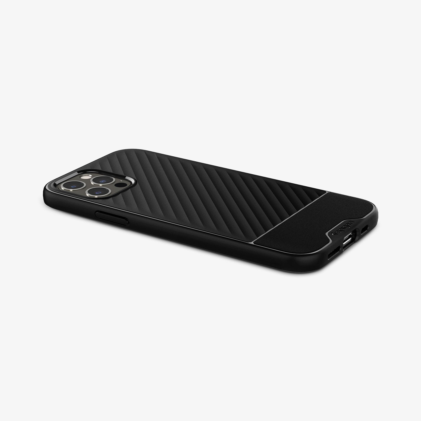 ACS01515 - iPhone 12 / iPhone 12 Pro Case Core Armor in matte black showing the back, side and bottom with device laying flat
