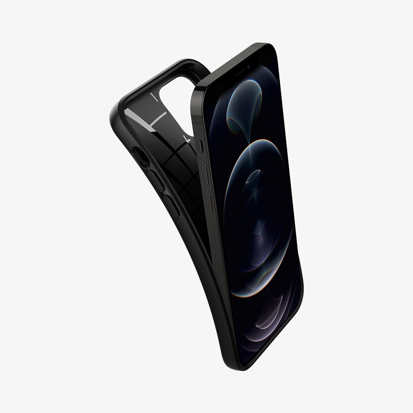 ACS01515 - iPhone 12 / iPhone 12 Pro Case Core Armor in matte black showing the case bending away from device to show the flexibility
