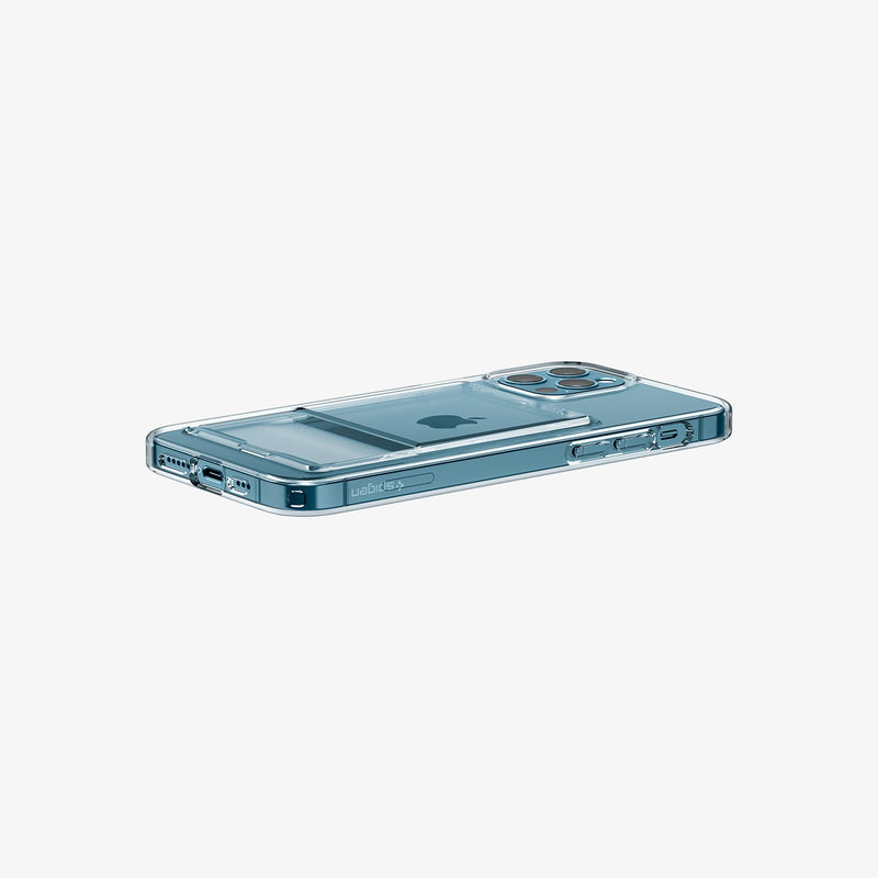ACS02576 - iPhone 12 / iPhone 12 Pro Case Crystal Slot in crystal clear showing the back, side and bottom with device laying flat