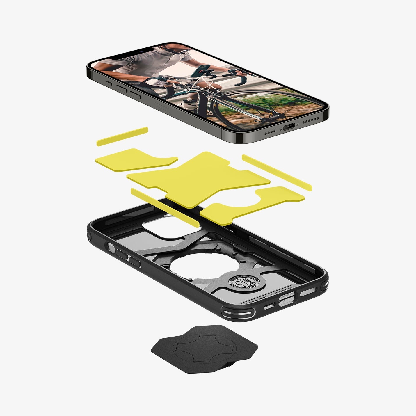 ACS01587 - Black Gearlock iPhone 12 Pro Max Bike Mount Case showing the device, impact foam, hard PC, and bike mount locking attachment