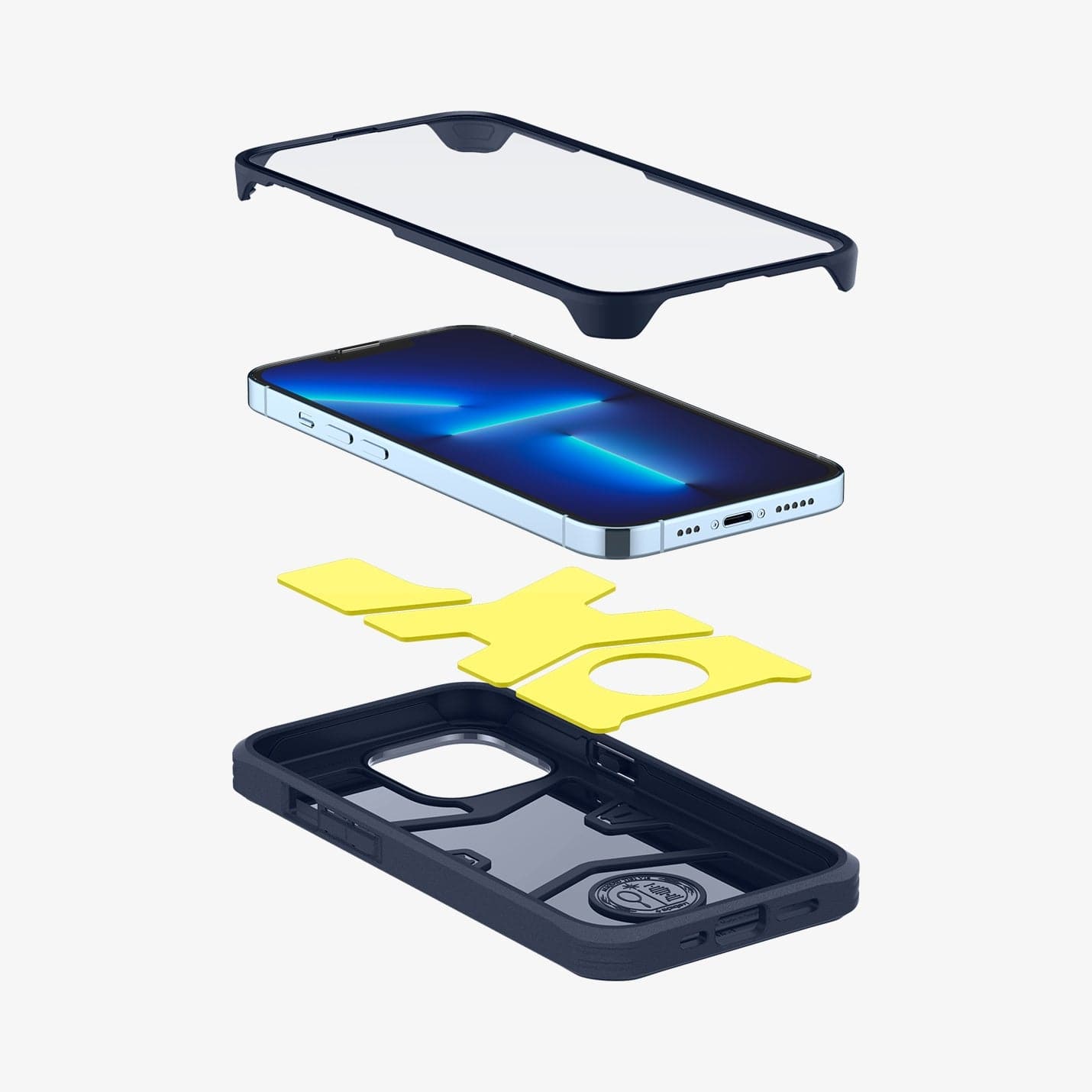 ACS03234 - iPhone 13 Pro Max Case Geo 360 in navy blue showing the 4 layers of Glass protector + PC border + impact foam + TPU body
