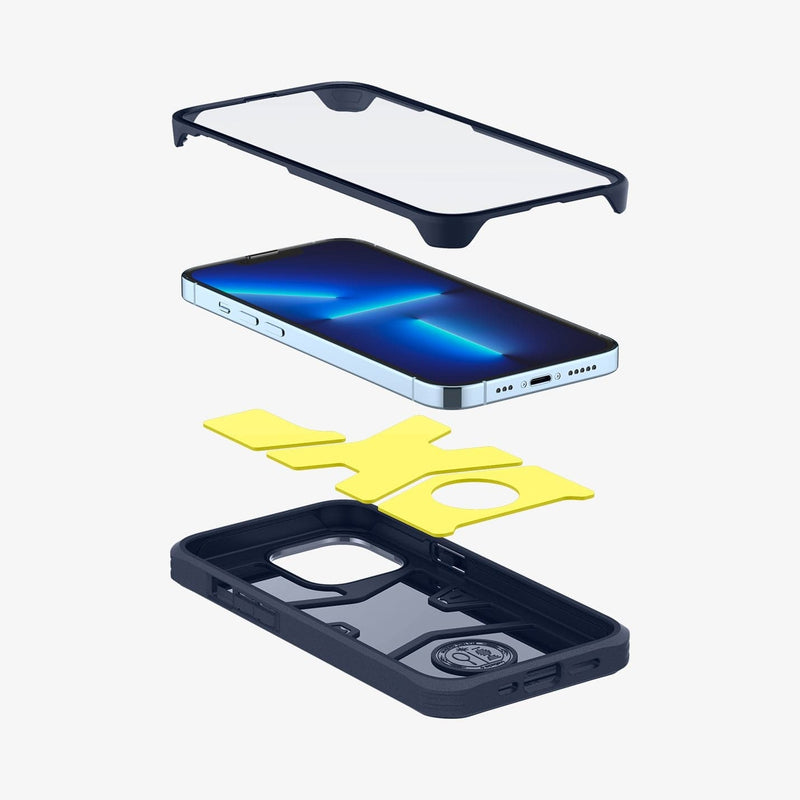 ACS03234 - iPhone 13 Pro Max Case Geo 360 in navy blue showing the 4 layers of Glass protector + PC border + impact foam + TPU body