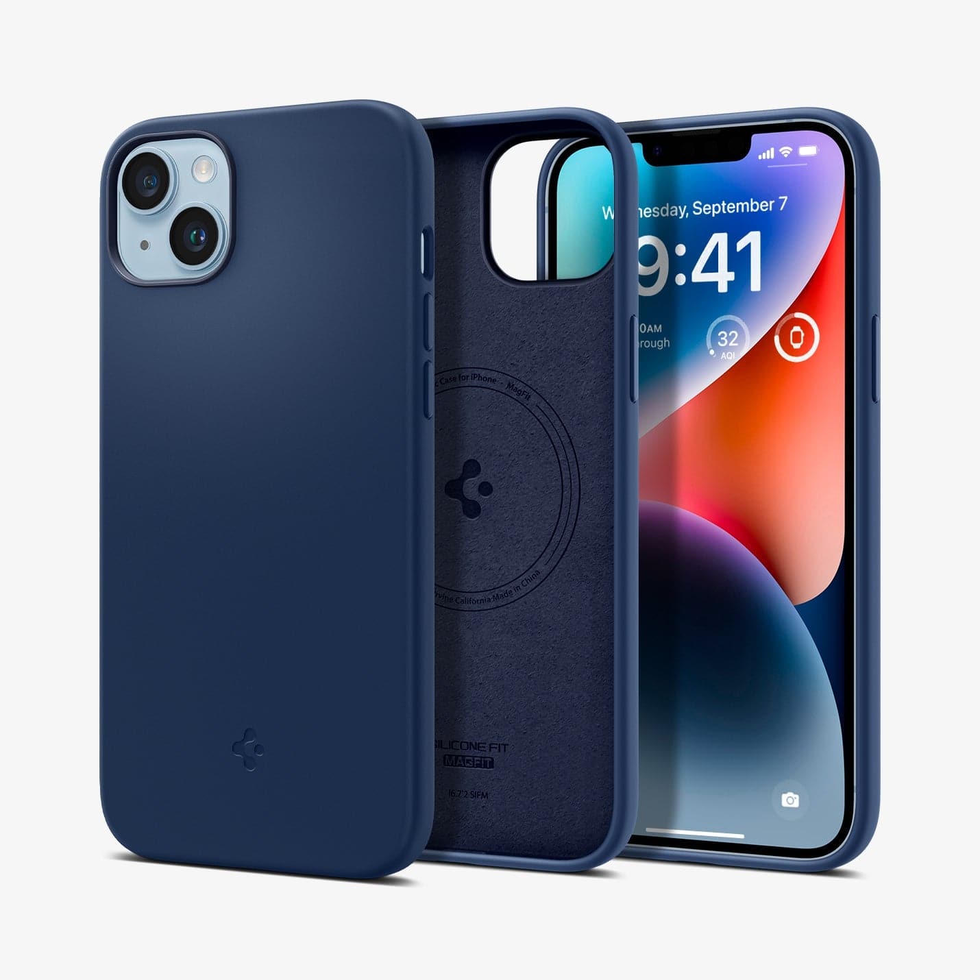 ACS04921 - iPhone 14 Plus Case Silicone Fit (MagFit) in navy blue showing the back, inside and front