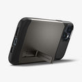 ACS04659 - iPhone 14 Plus Case Slim Armor (MagFit) in gunmetal showing the back with device being propped up horizontally with built in kickstand