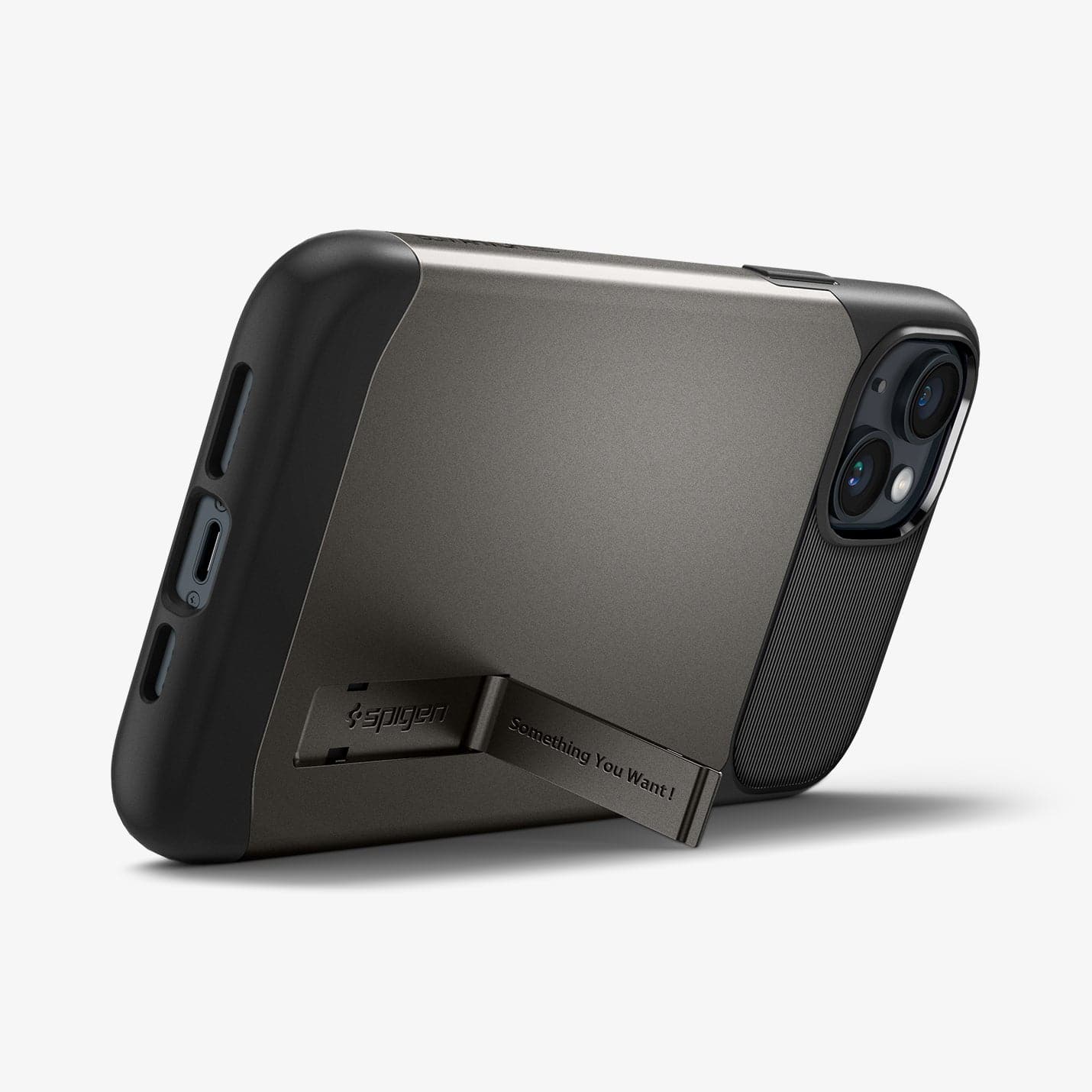 ACS04659 - iPhone 14 Plus Case Slim Armor (MagFit) in gunmetal showing the back with device being propped up horizontally with built in kickstand