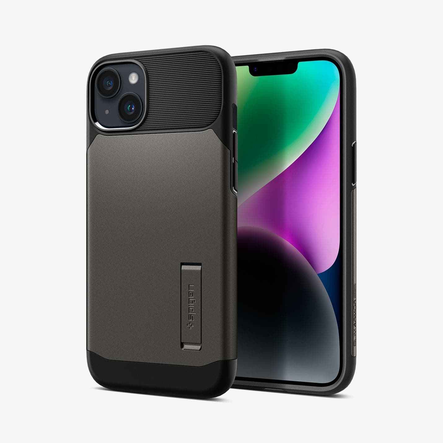 ACS04659 - iPhone 14 Plus Case Slim Armor (MagFit) in gunmetal showing the back and front