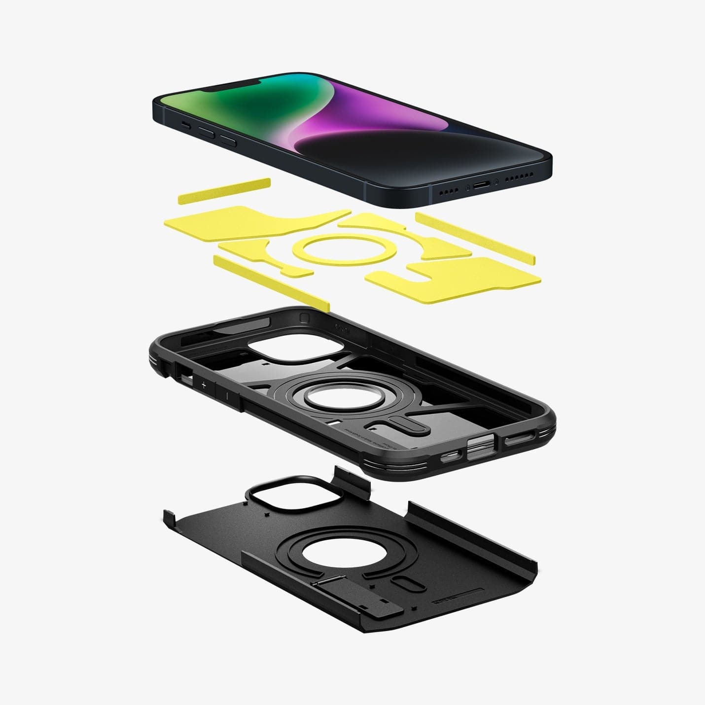 ACS04915 - iPhone 14 Plus Case Tough Armor (MagFit) in black showing the hard pc, flexible tpu, impact foam and device