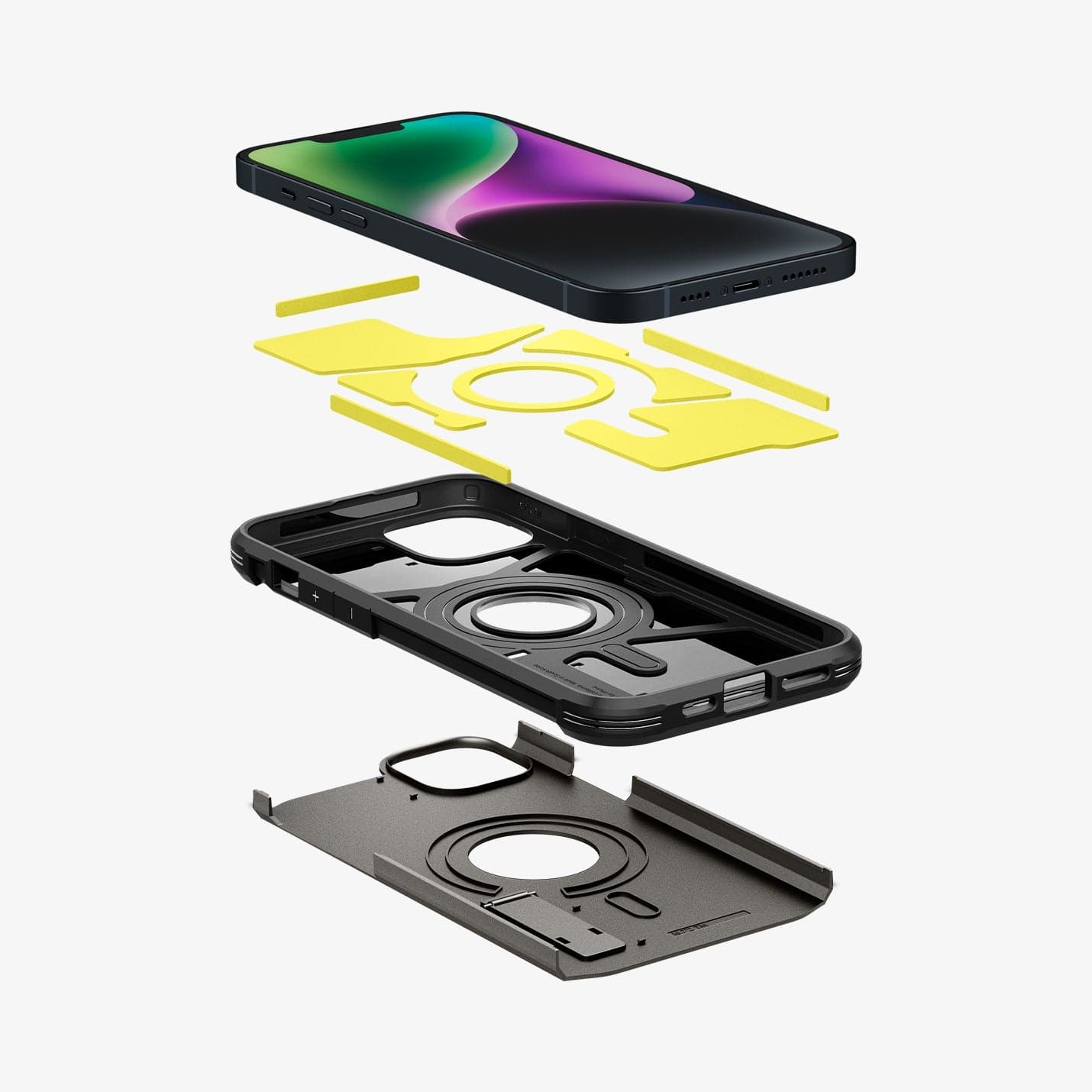 ACS04914 - iPhone 14 Plus Case Tough Armor (MagFit) in gunmetal showing the hard pc, flexible tpu, impact foam and device