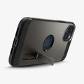 ACS04914 - iPhone 14 Plus Case Tough Armor (MagFit) in gunmetal showing the device being propped up horizontally by built in kickstand