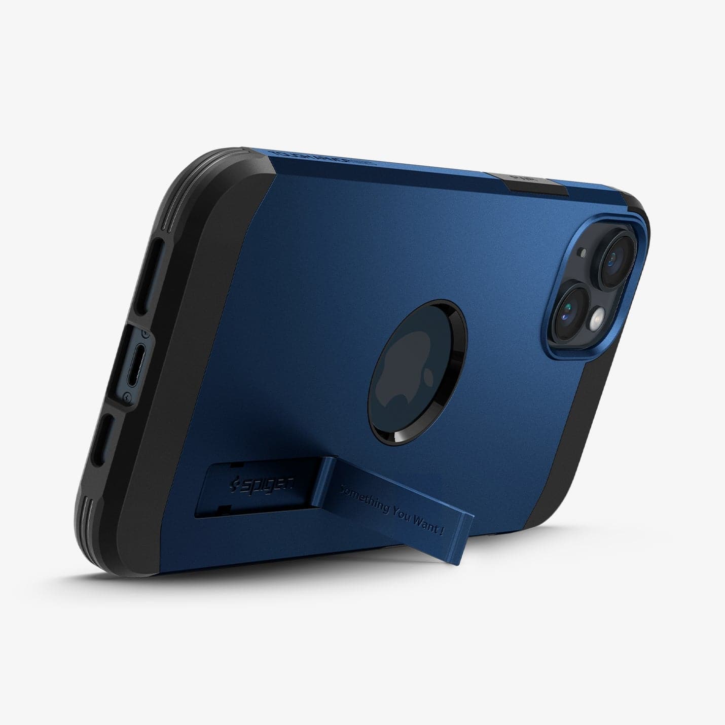 ACS04917 - iPhone 14 Plus Case Tough Armor (MagFit) in navy blue showing the device being propped up horizontally by built in kickstand