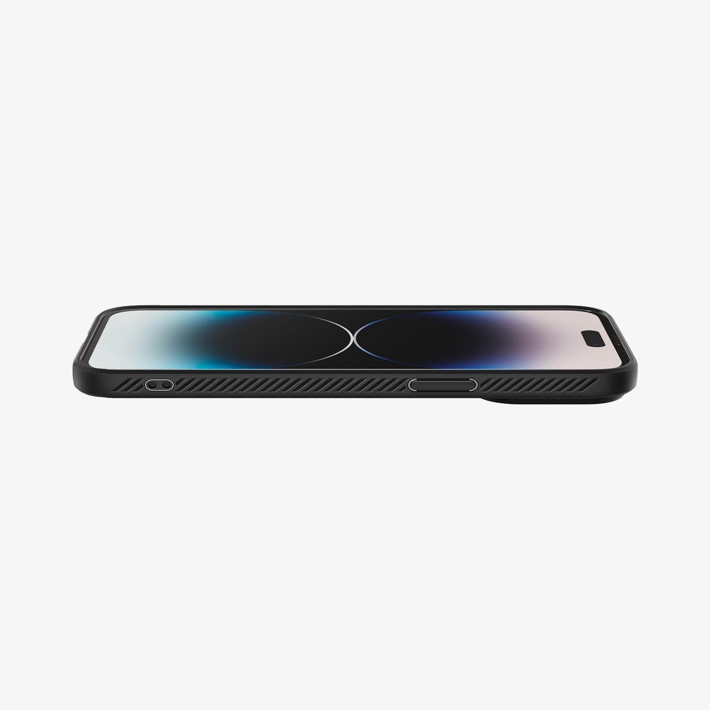 ACS04813 - iPhone 14 Pro Max Case Liquid Air in matte black showing the front and side with device laying flat