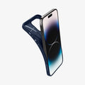 ACS04814 - iPhone 14 Pro Max Case Liquid Air in navy blue showing the back bending slightly away from device to show the flexibility