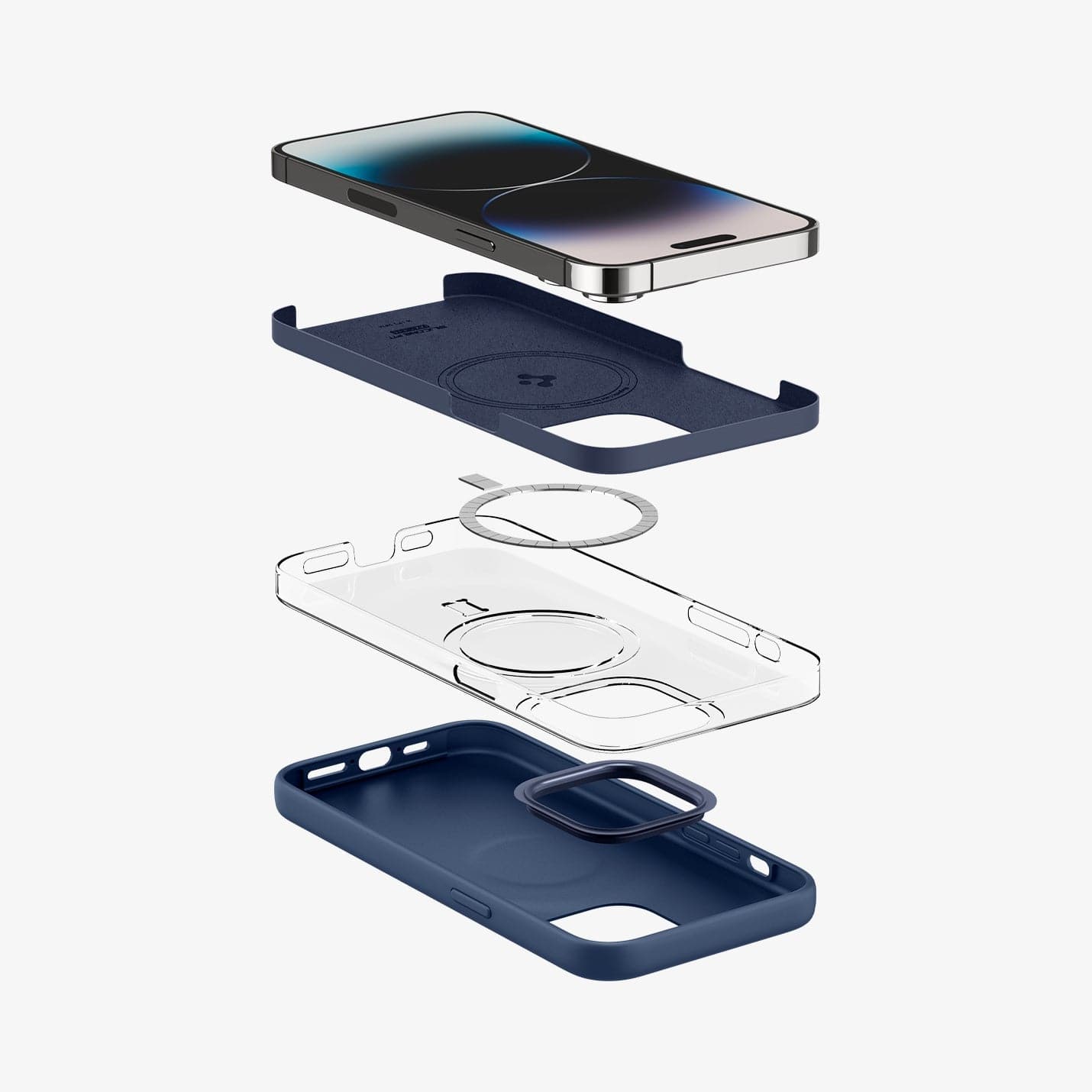 ACS04847 - iPhone 14 Pro Max Case Silicone Fit (MagFit) in navy blue showing the multiple layers of case and magsafe layer