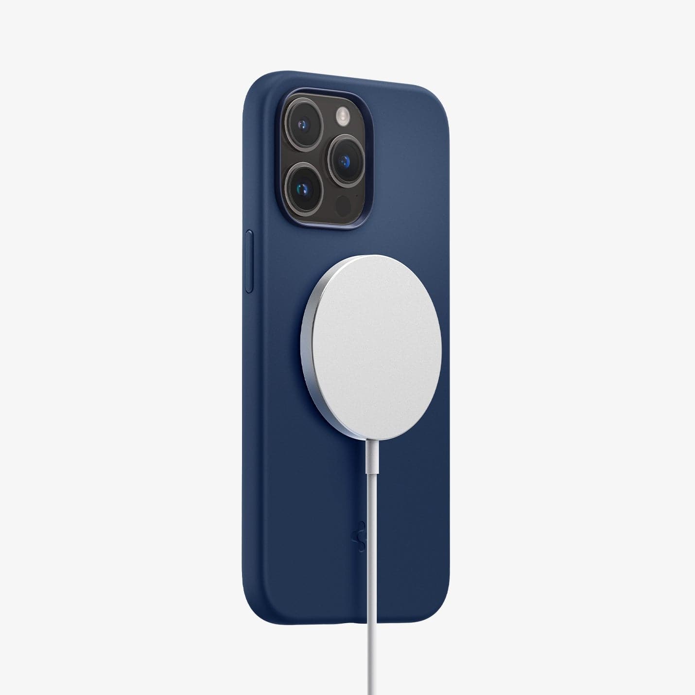 ACS04847 - iPhone 14 Pro Max Case Silicone Fit (MagFit) in navy blue showing the back with magsafe charger connected