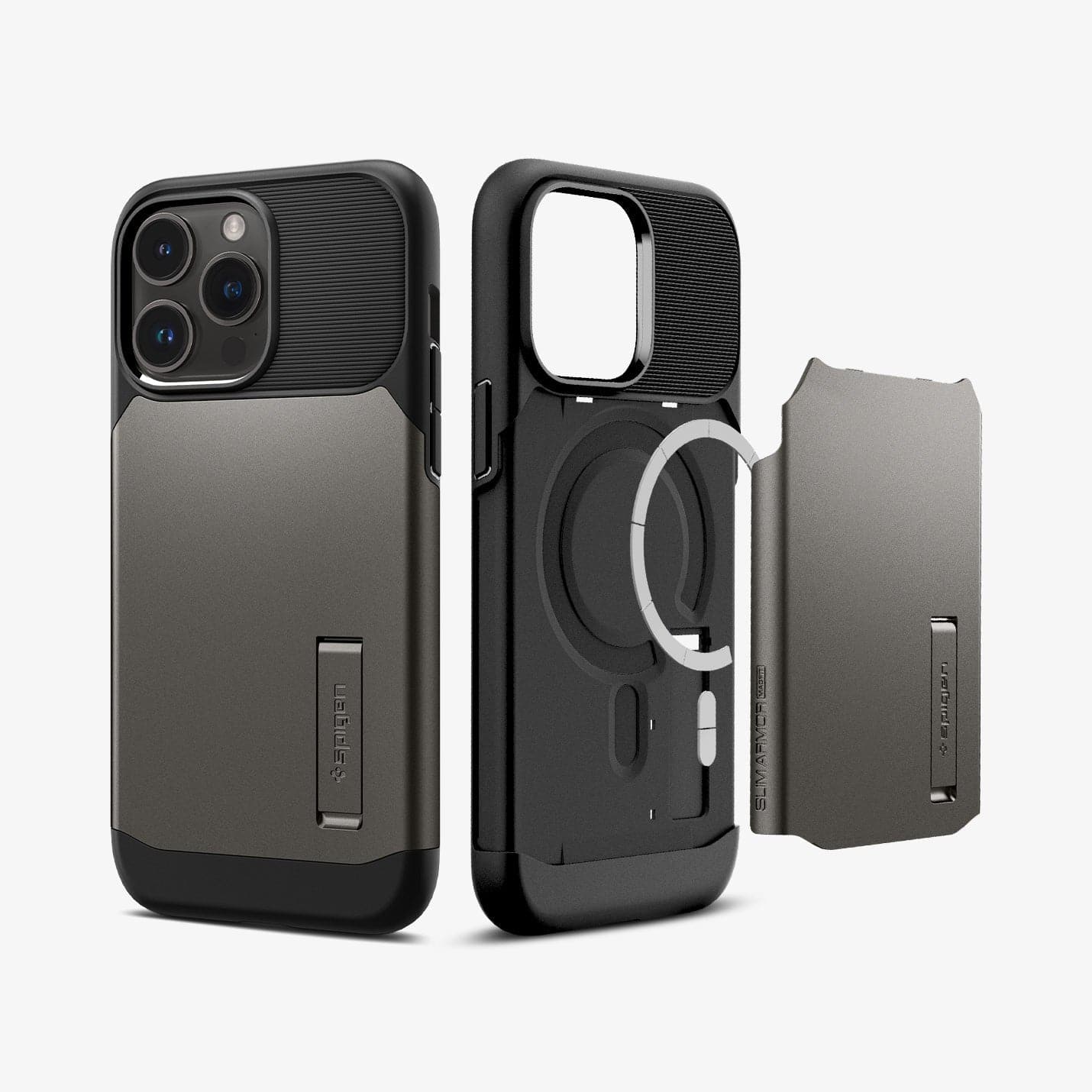 ACS04646 - iPhone 14 Pro Max Case Slim Armor (MagFit) in gunmetal showing the back and magsafe layer