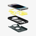 ACS04843 - iPhone 14 Pro Max Case Tough Armor (MagFit) in abyss green showing the hard pc, flexible tpu, impact foam and device