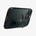 ACS04843 - iPhone 14 Pro Max Case Tough Armor (MagFit) in abyss green showing the device being propped up horizontally by built in kickstand