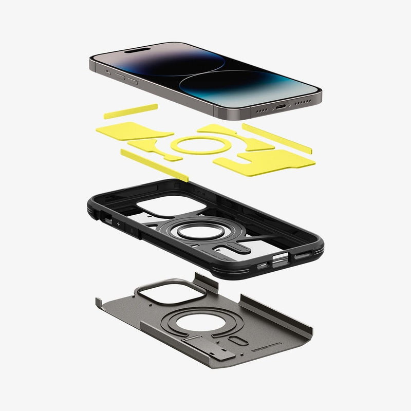 ACS04839 - iPhone 14 Pro Max Case Tough Armor (MagFit) in gunmetal showing the hard pc, flexible tpu, impact foam and device